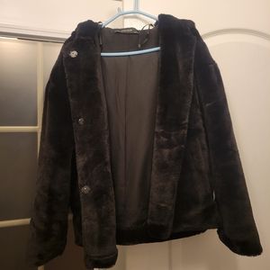 Cute black fauz fur coat jacket with hood